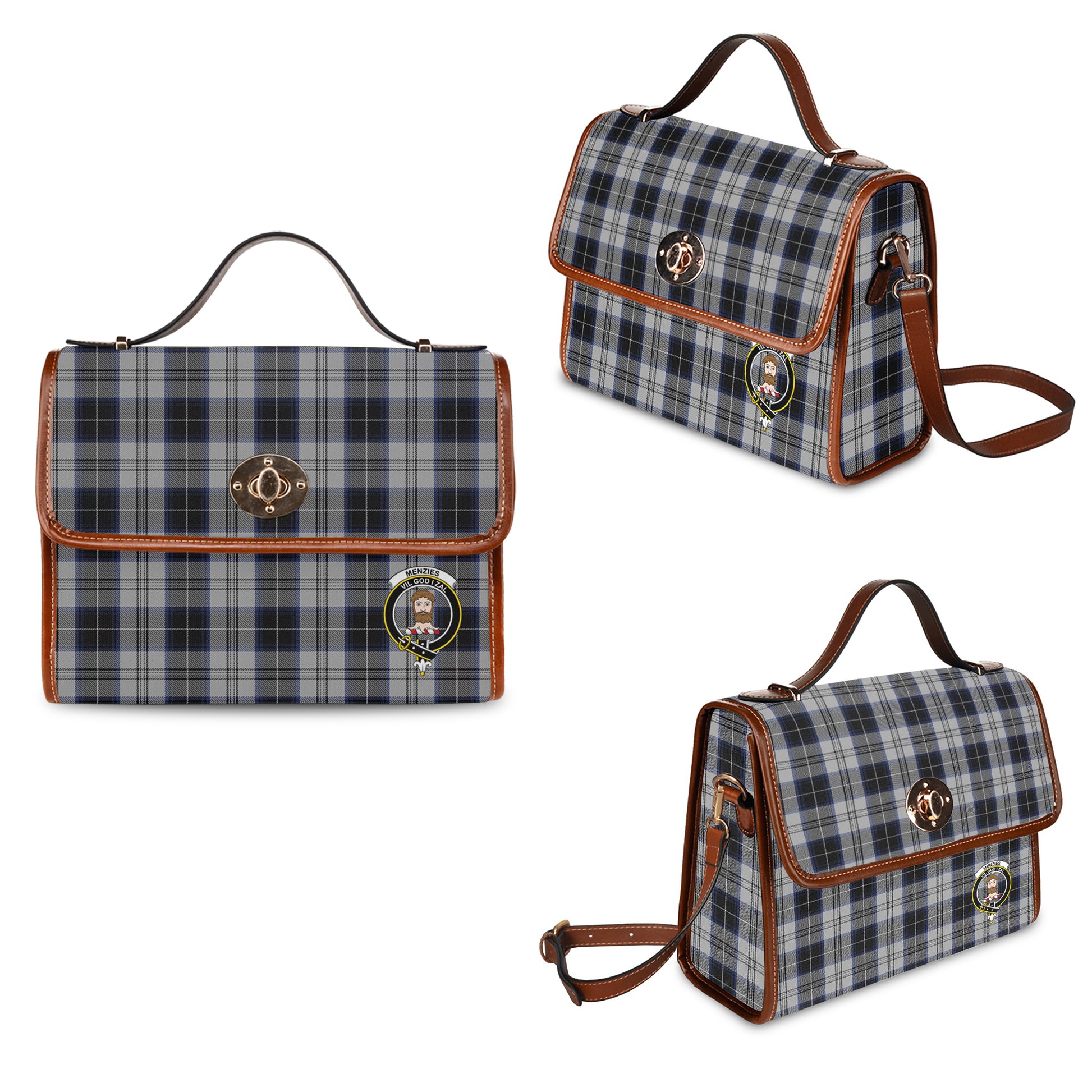 menzies-black-dress-tartan-leather-strap-waterproof-canvas-bag-with-family-crest