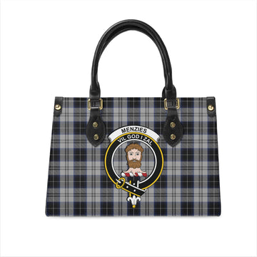 Menzies Black Dress Tartan Leather Bag with Family Crest