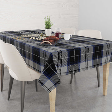 Menzies Black Dress Tartan Tablecloth with Clan Crest and the Golden Sword of Courageous Legacy