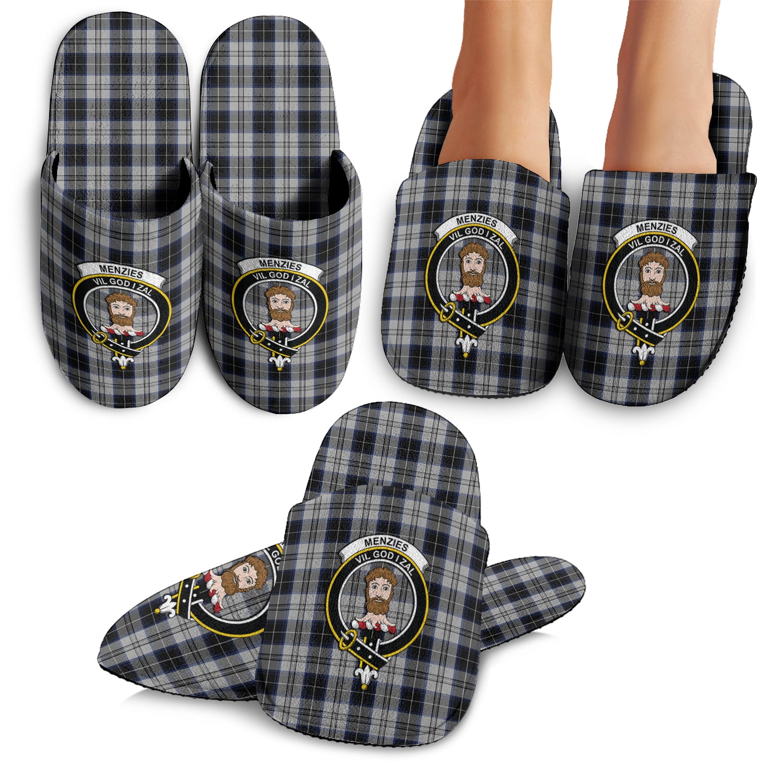 Menzies Black Dress Tartan Home Slippers with Family Crest - Tartanvibesclothing Shop
