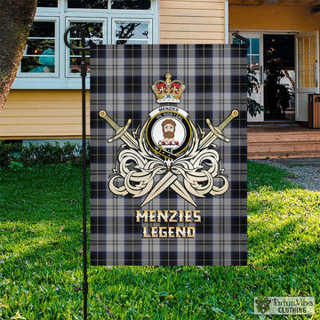 Menzies Black Dress Tartan Flag with Clan Crest and the Golden Sword of Courageous Legacy