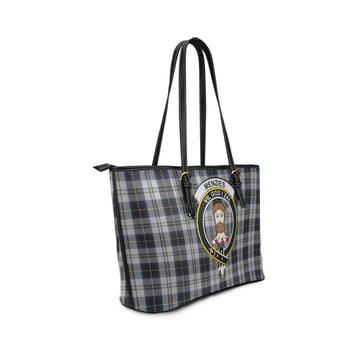 Menzies Black Dress Tartan Leather Tote Bag with Family Crest