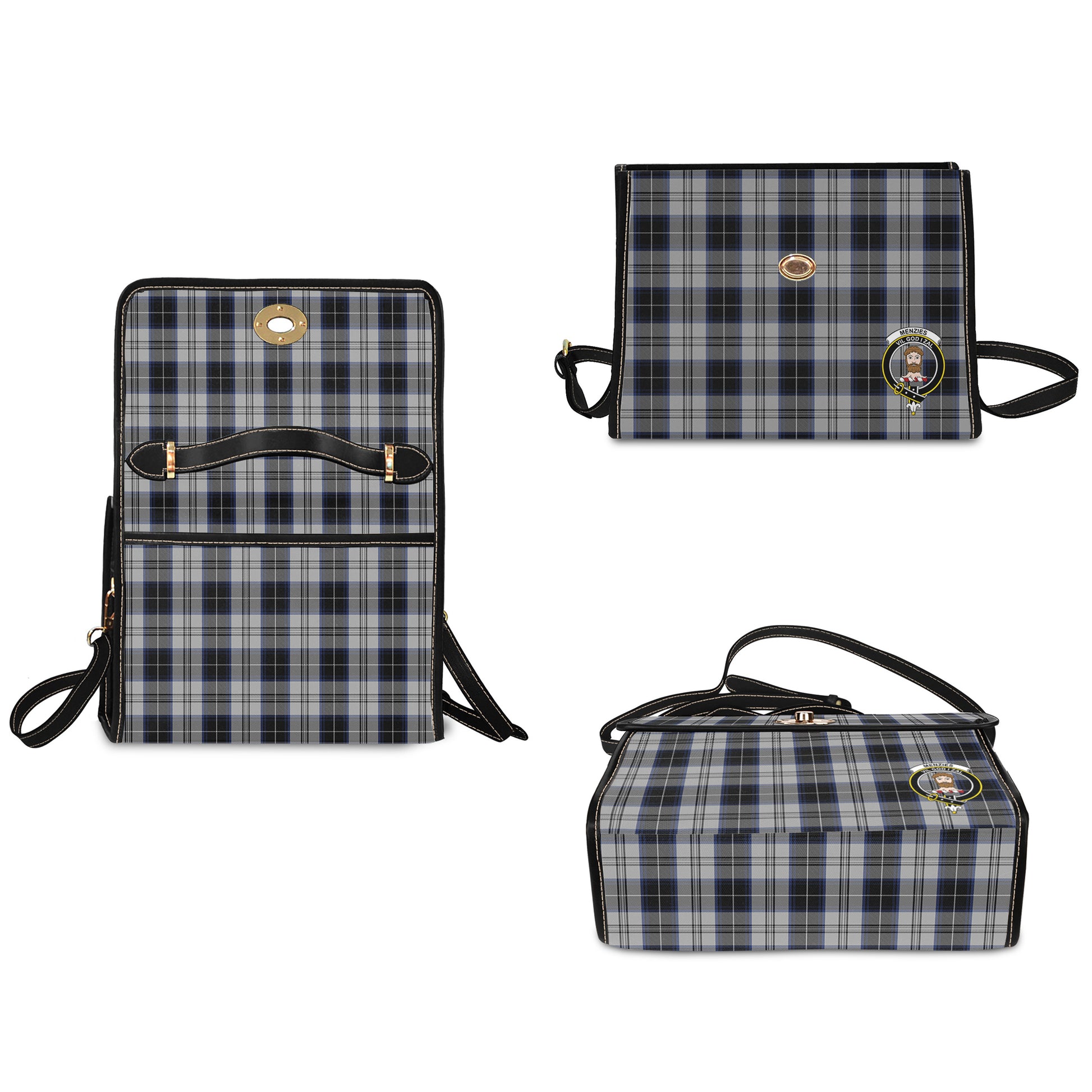 menzies-black-dress-tartan-leather-strap-waterproof-canvas-bag-with-family-crest