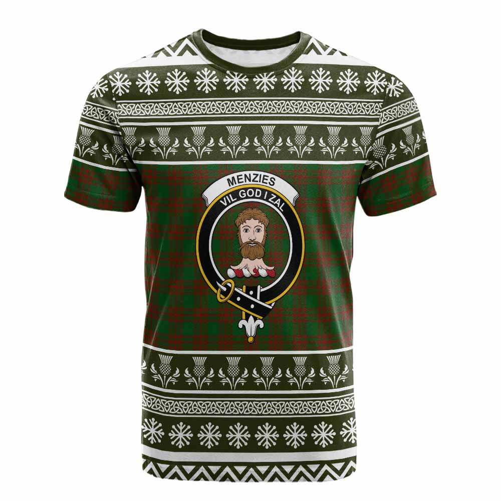 Menzies Clan Tartan Christmas Cotton T-shirt with Family Crest - Tartan Vibes Clothing