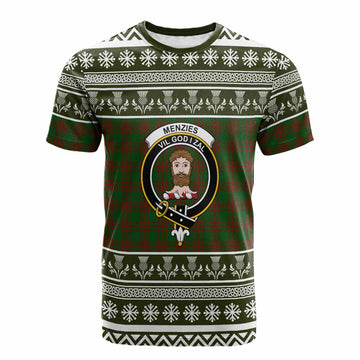 Menzies Clan Tartan Christmas Cotton T-shirt with Family Crest
