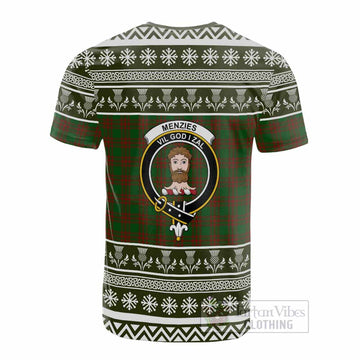 Menzies Clan Tartan Christmas Cotton T-shirt with Family Crest