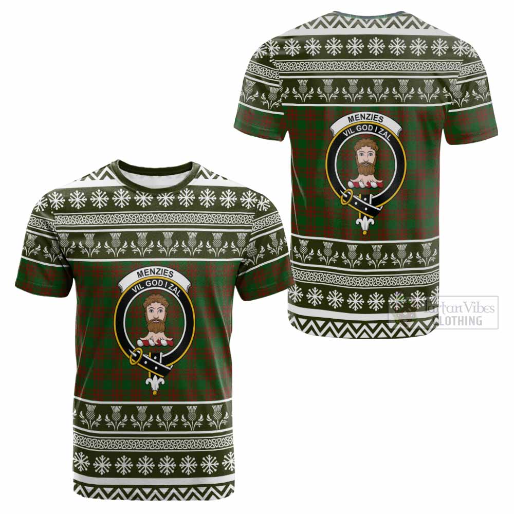 Menzies Clan Tartan Christmas Cotton T-shirt with Family Crest - Tartan Vibes Clothing