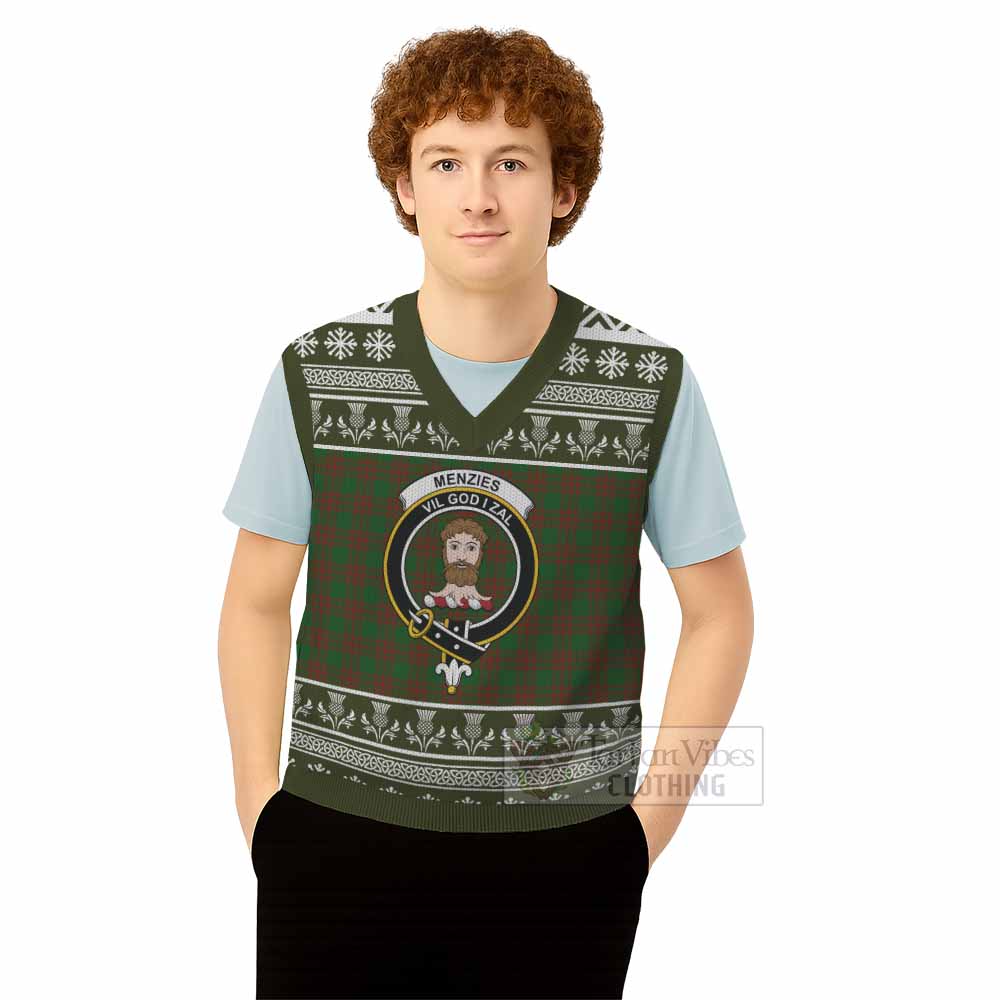Menzies Clan Tartan Christmas Knitted V-Neck Vest with Family Crest - Tartan Vibes Clothing