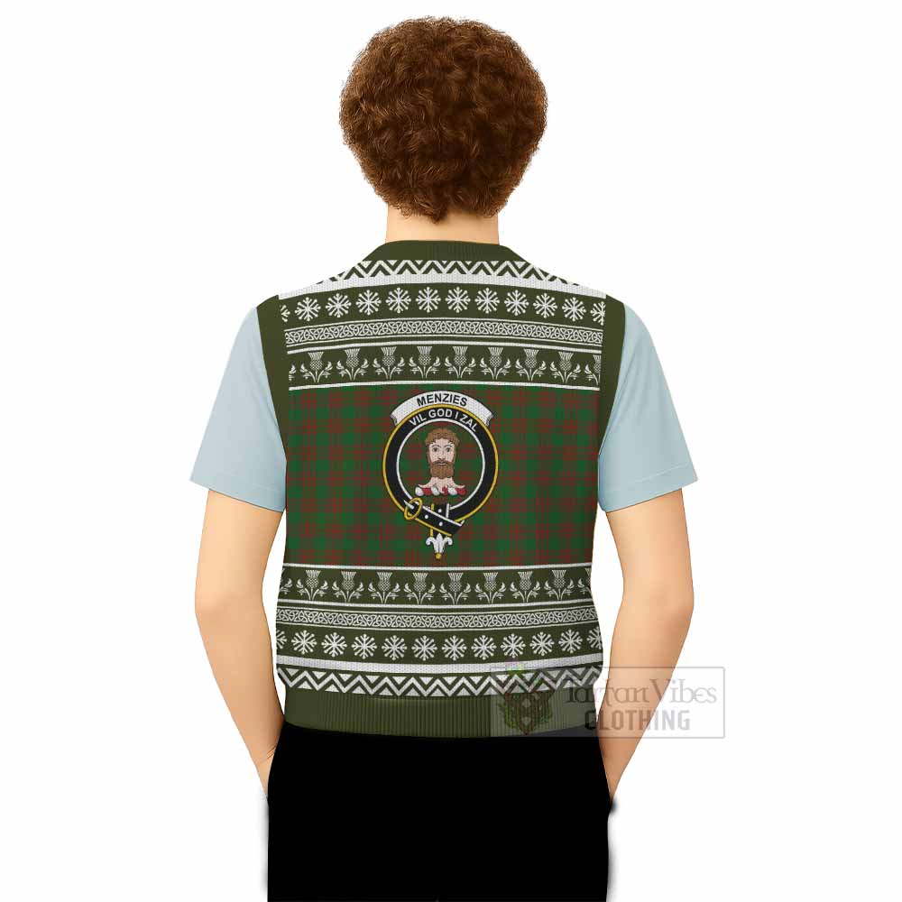 Menzies Clan Tartan Christmas Knitted V-Neck Vest with Family Crest - Tartan Vibes Clothing