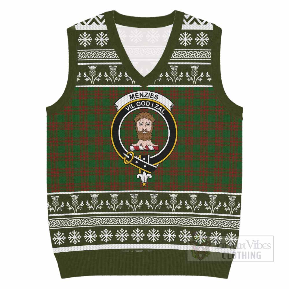 Menzies Clan Tartan Christmas Knitted V-Neck Vest with Family Crest - Tartan Vibes Clothing