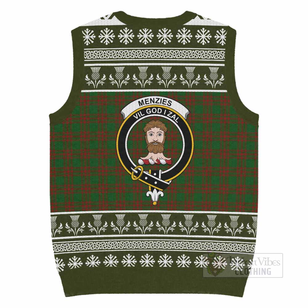 Menzies Clan Tartan Christmas Knitted V-Neck Vest with Family Crest - Tartan Vibes Clothing