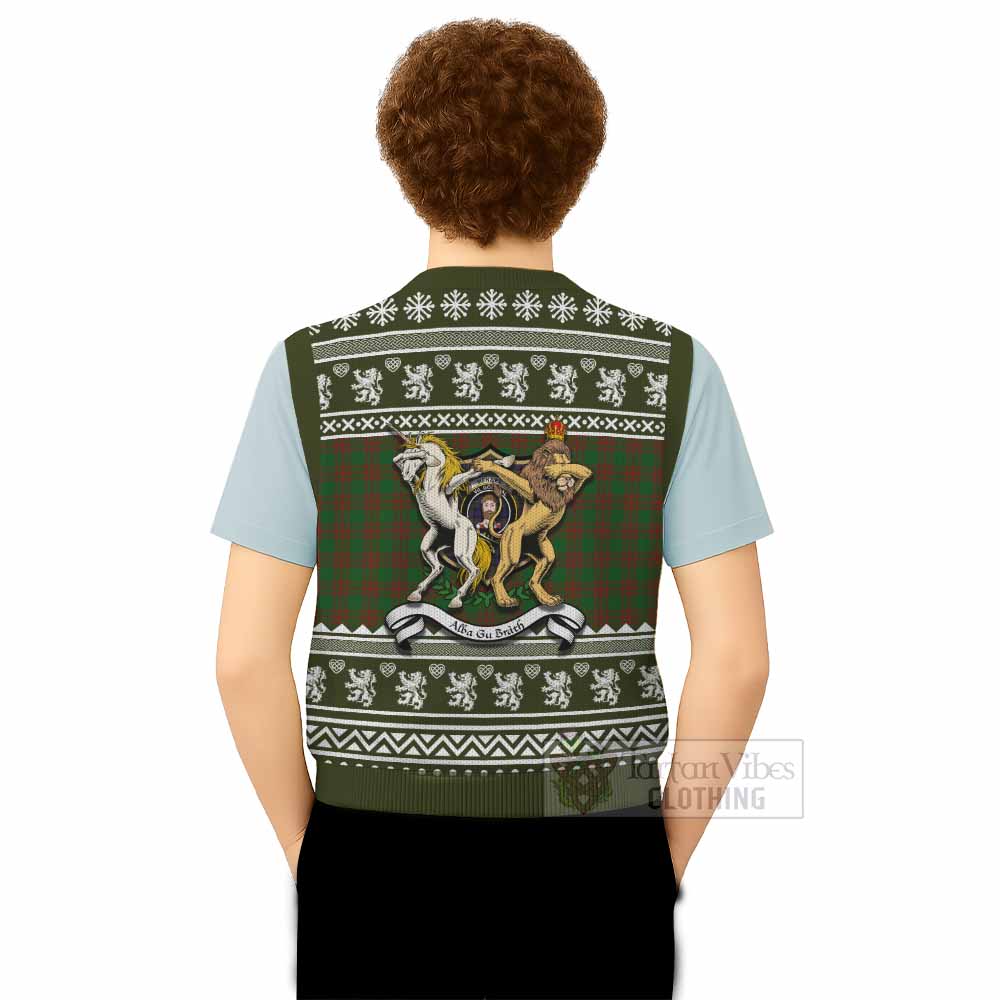 Menzies Clan Tartan Crest Christmas Knitted V-Neck Vest Coat of Arms Funny Style - Tartan Vibes Clothing