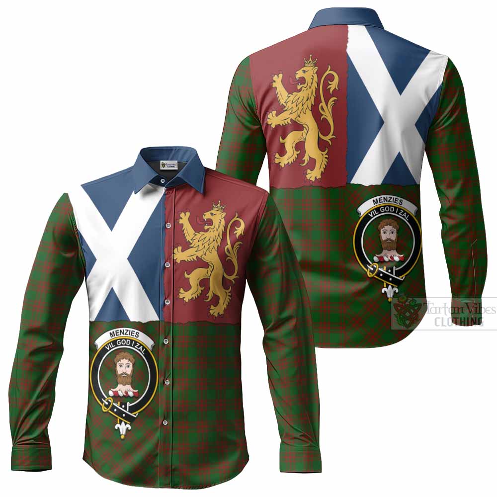 Menzies Crest Tartan Long Sleeve Button Shirts with Lion Rampant Saltire Style