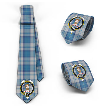 Menzies Dress Blue and White Tartan Classic Necktie with Family Crest