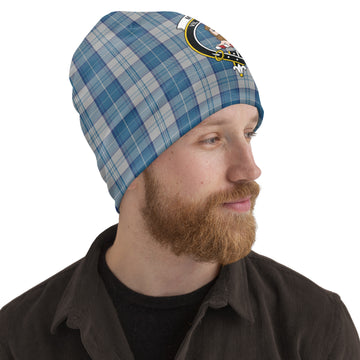 Menzies Dress Blue and White Tartan Beanies Hat with Family Crest