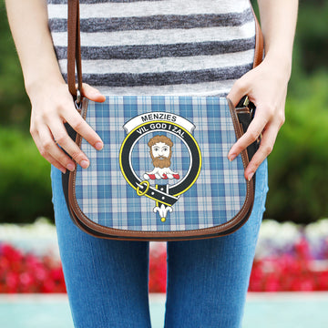 Menzies Dress Blue and White Tartan Saddle Bag with Family Crest