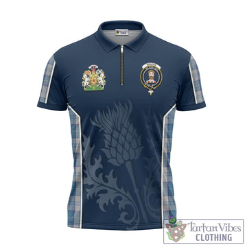 Menzies Dress Blue and White Tartan Zipper Polo Shirt with Family Crest and Scottish Thistle Vibes Sport Style