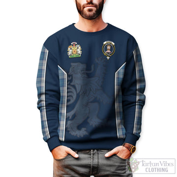 Menzies Dress Blue and White Tartan Sweater with Family Crest and Lion Rampant Vibes Sport Style