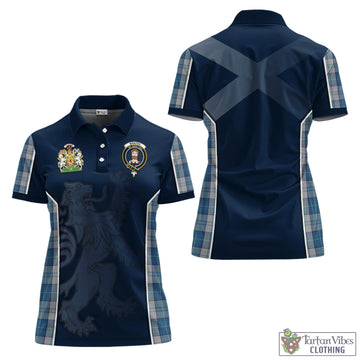 Menzies Dress Blue and White Tartan Women's Polo Shirt with Family Crest and Lion Rampant Vibes Sport Style