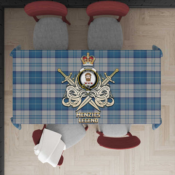 Menzies Dress Blue and White Tartan Tablecloth with Clan Crest and the Golden Sword of Courageous Legacy
