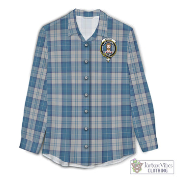 Menzies Dress Blue and White Tartan Womens Casual Shirt with Family Crest