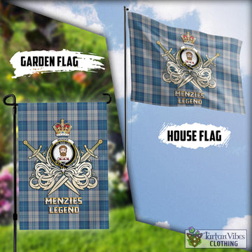 Menzies Dress Blue and White Tartan Flag with Clan Crest and the Golden Sword of Courageous Legacy