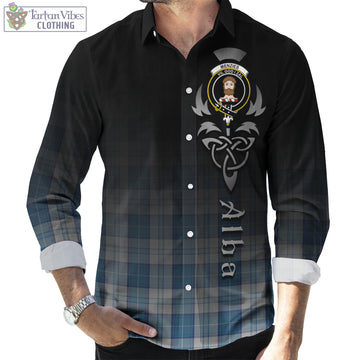 Menzies Dress Blue and White Tartan Long Sleeve Button Up Featuring Alba Gu Brath Family Crest Celtic Inspired