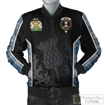 Menzies Dress Blue and White Tartan Bomber Jacket with Family Crest and Scottish Thistle Vibes Sport Style