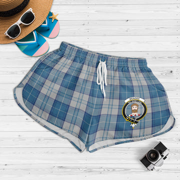 Menzies Dress Blue and White Tartan Womens Shorts with Family Crest