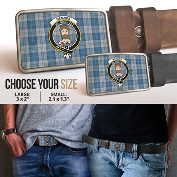 Menzies Dress Blue and White Tartan Belt Buckles with Family Crest