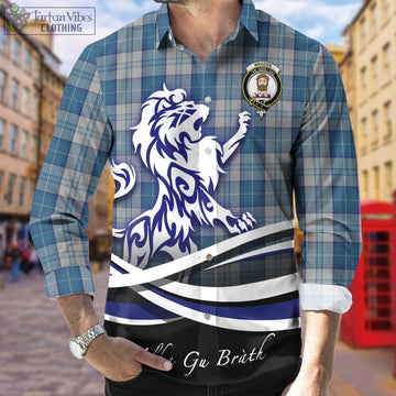 Menzies Dress Blue and White Tartan Long Sleeve Button Up Shirt with Alba Gu Brath Regal Lion Emblem