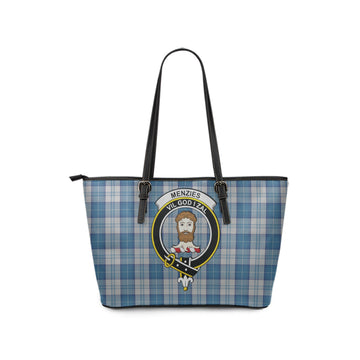 Menzies Dress Blue and White Tartan Leather Tote Bag with Family Crest