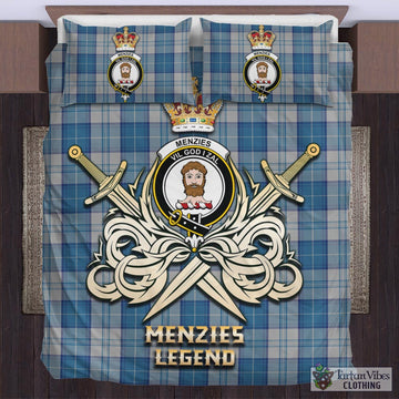 Menzies Dress Blue and White Tartan Bedding Set with Clan Crest and the Golden Sword of Courageous Legacy