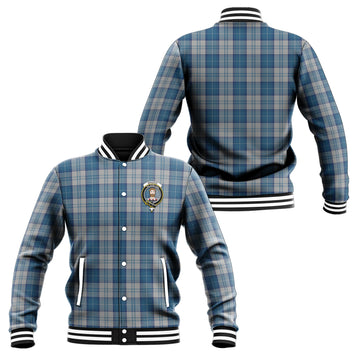Menzies Dress Blue and White Tartan Baseball Jacket with Family Crest