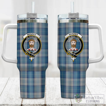 Menzies Dress Blue and White Tartan and Family Crest Tumbler with Handle
