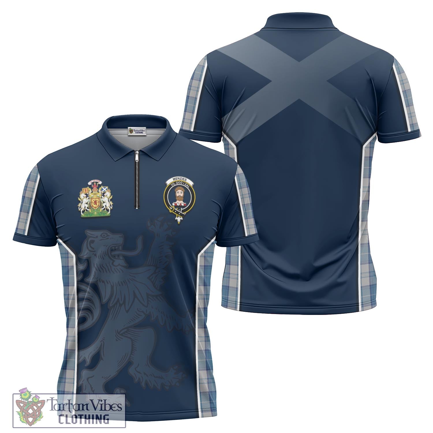 Tartan Vibes Clothing Menzies Dress Blue and White Tartan Zipper Polo Shirt with Family Crest and Lion Rampant Vibes Sport Style