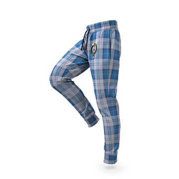 Menzies Dress Blue and White Tartan Joggers Pants with Family Crest