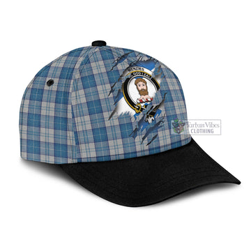 Menzies Dress Blue and White Tartan Classic Cap with Family Crest In Me Style