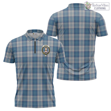Menzies Dress Blue and White Tartan Zipper Polo Shirt with Family Crest