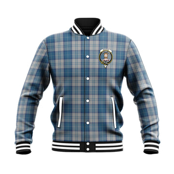 Menzies Dress Blue and White Tartan Baseball Jacket with Family Crest