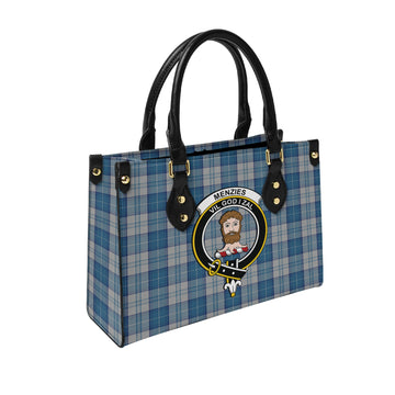 Menzies Dress Blue and White Tartan Leather Bag with Family Crest