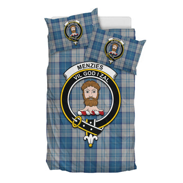 Menzies Dress Blue and White Tartan Bedding Set with Family Crest