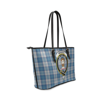 Menzies Dress Blue and White Tartan Leather Tote Bag with Family Crest