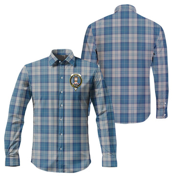 Menzies Dress Blue and White Tartan Long Sleeve Button Up Shirt with Family Crest