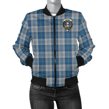 Menzies Dress Blue and White Tartan Bomber Jacket with Family Crest