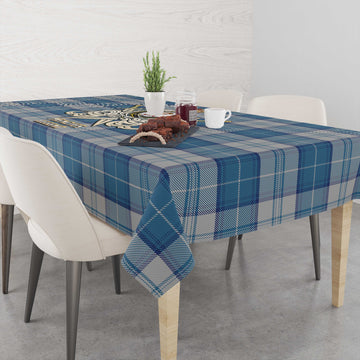 Menzies Dress Blue and White Tartan Tablecloth with Clan Crest and the Golden Sword of Courageous Legacy