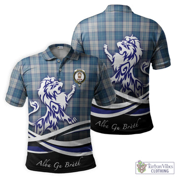 Menzies Dress Blue and White Tartan Polo Shirt with Alba Gu Brath Regal Lion Emblem
