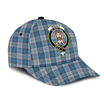 Menzies Dress Blue and White Tartan Classic Cap with Family Crest