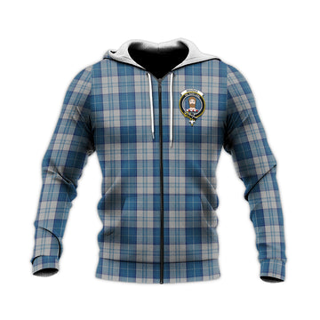 Menzies Dress Blue and White Tartan Knitted Hoodie with Family Crest