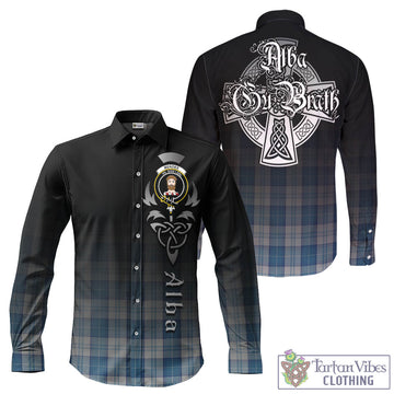 Menzies Dress Blue and White Tartan Long Sleeve Button Up Featuring Alba Gu Brath Family Crest Celtic Inspired